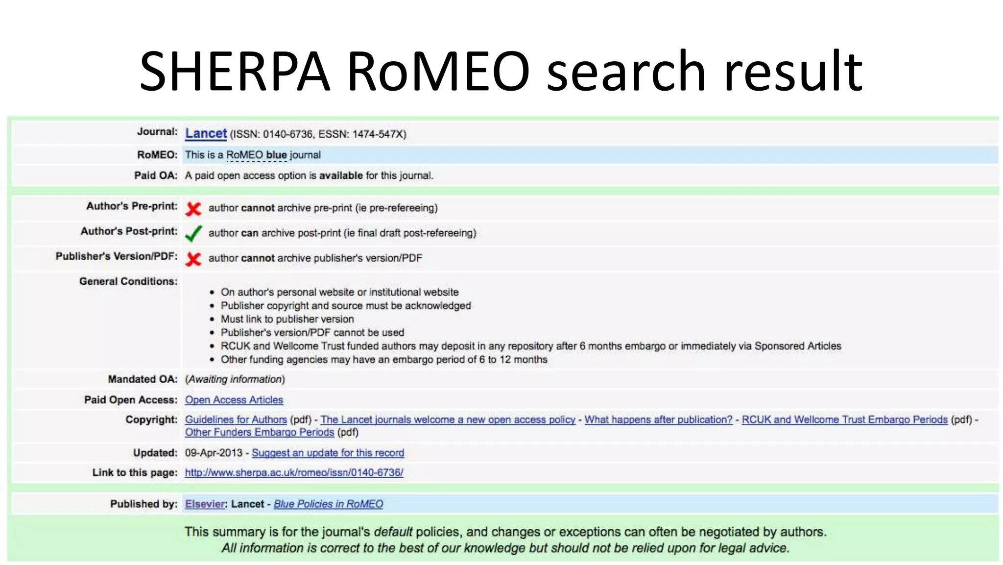 SHERPA RoMEO search result
 