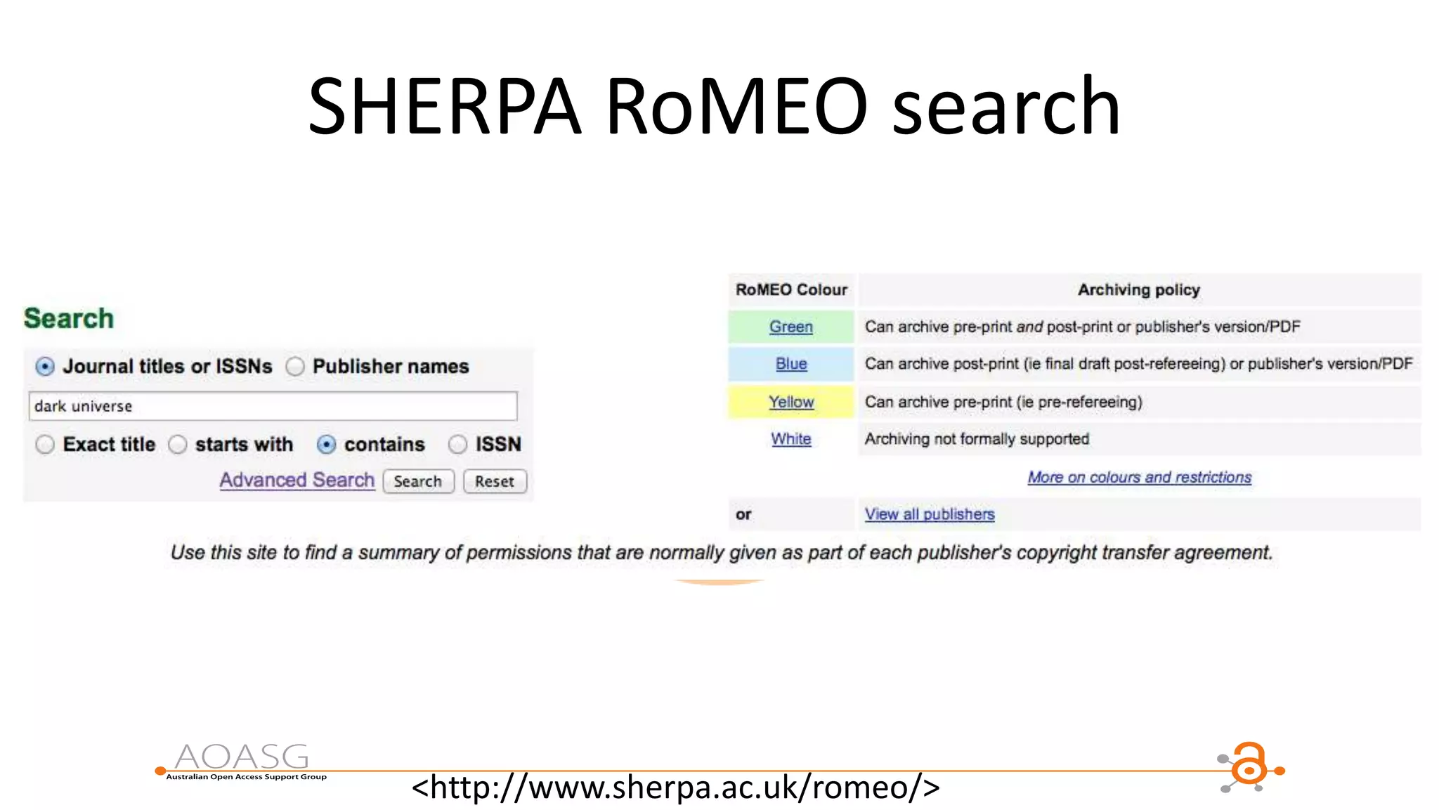 SHERPA RoMEO search
<http://www.sherpa.ac.uk/romeo/>
 