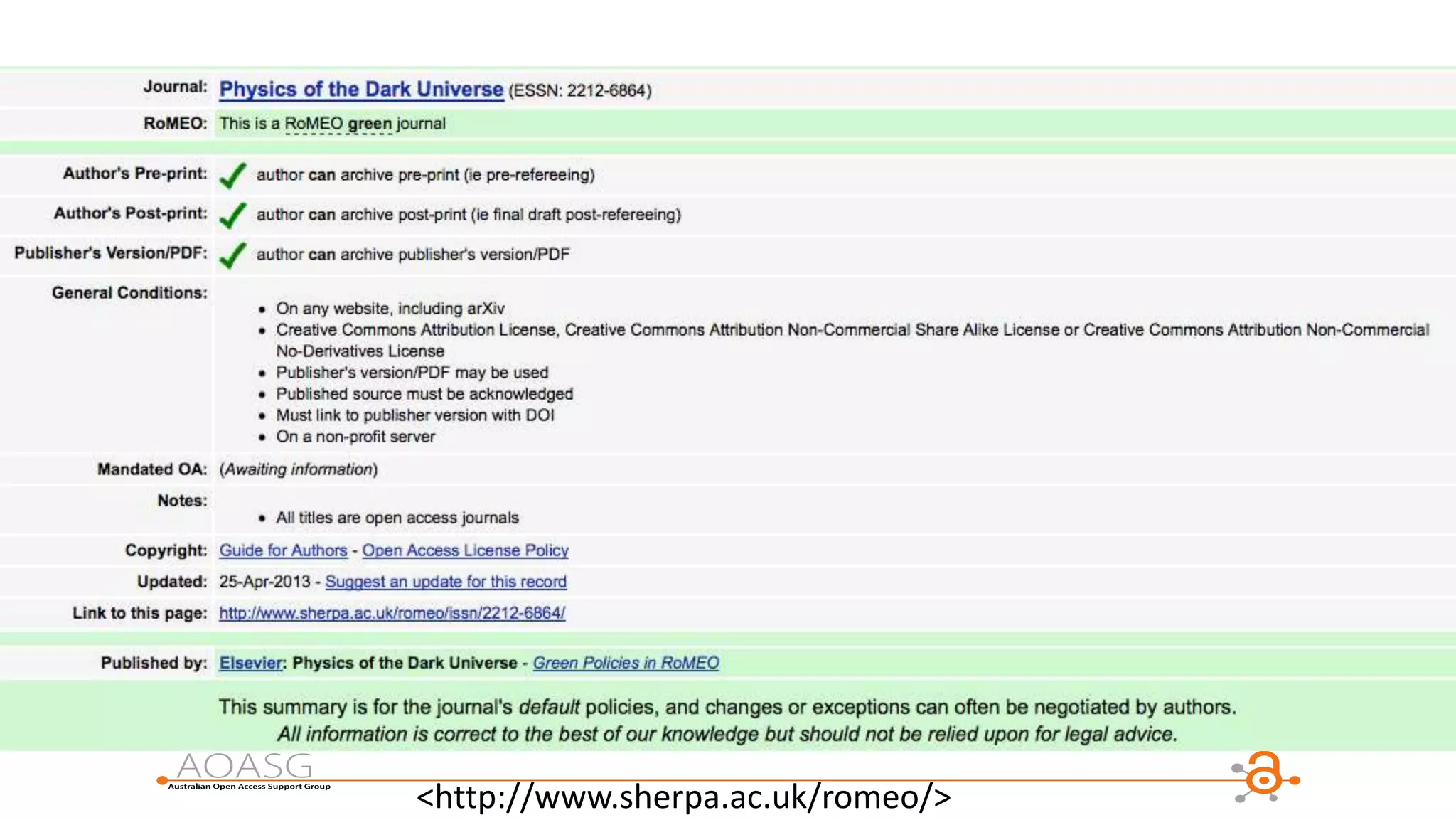 SHERPA RoMEO search result
<http://www.sherpa.ac.uk/romeo/>
 