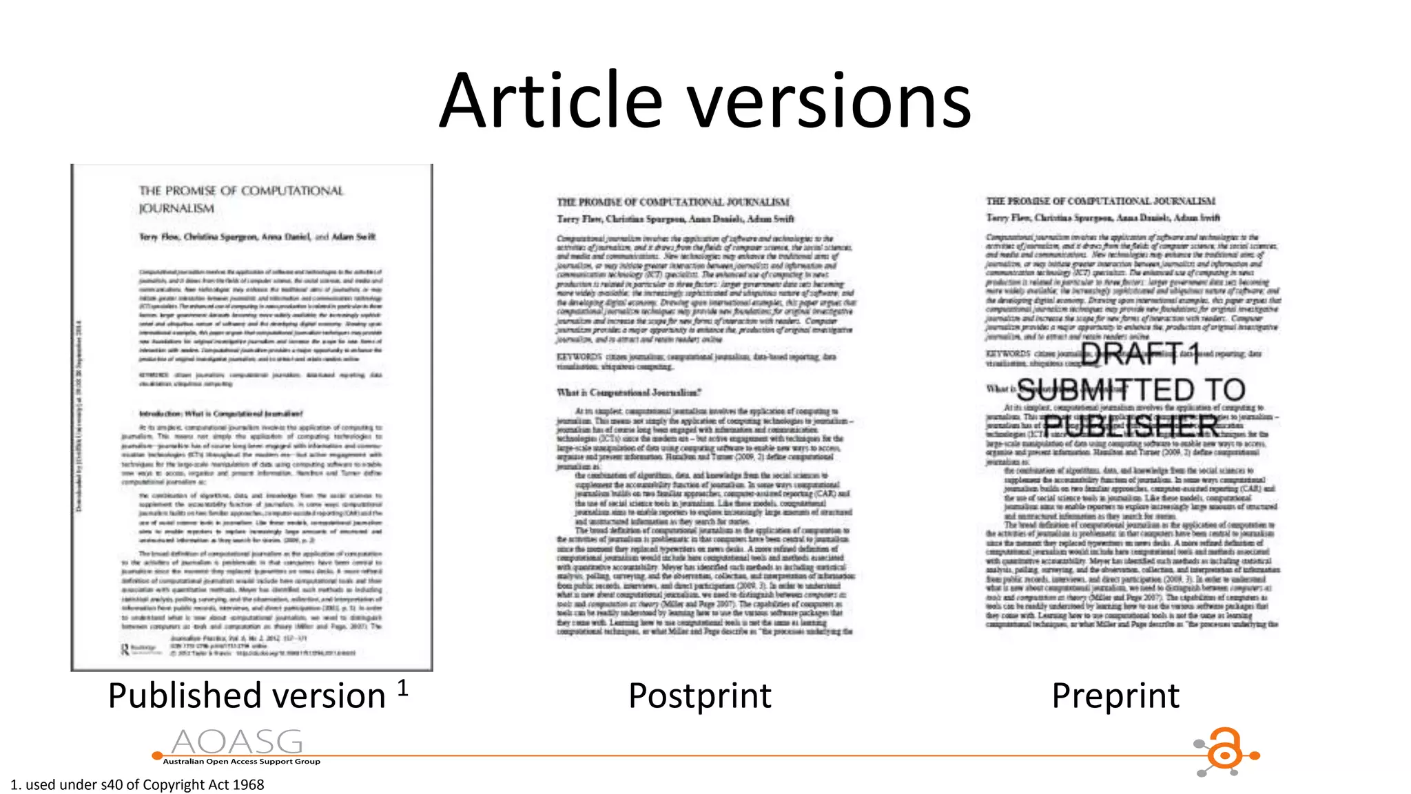 Article versions
Published version 1 Postprint Preprint
1. used under s40 of Copyright Act 1968
 