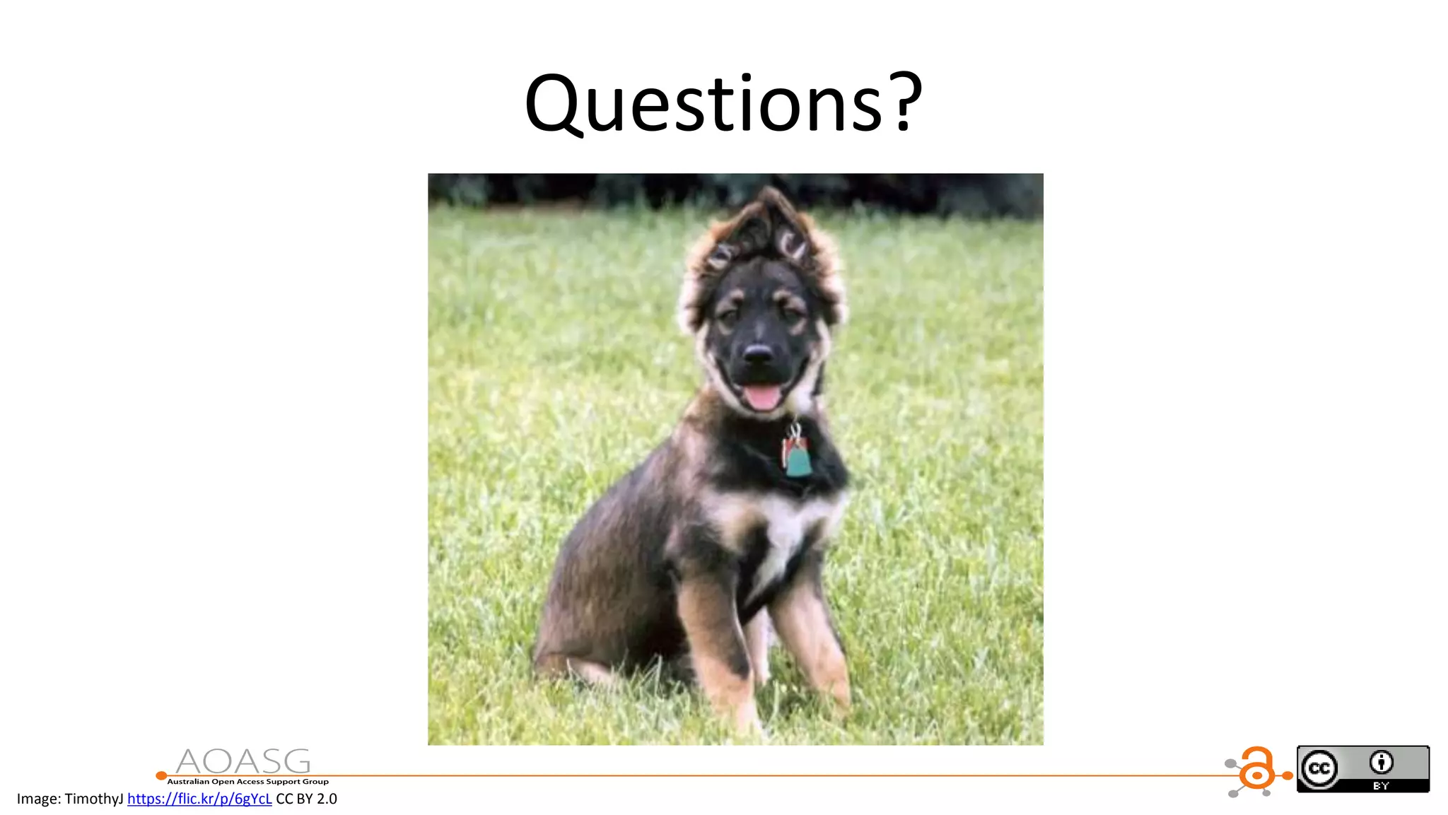 Questions?
Image: TimothyJ https://flic.kr/p/6gYcL CC BY 2.0
 
