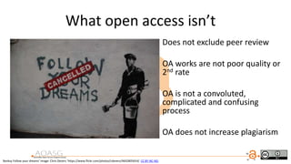 What open access isn’t
Does not exclude peer review
OA works are not poor quality or
2nd rate
OA is not a convoluted,
complicated and confusing
process
OA does not increase plagiarism
Banksy Follow your dreams’ image: Chris Devers ‘https://www.flickr.com/photos/cdevers/4602805654/ CC BY-NC-ND
 