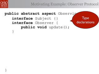 Motivating Example: Observer Protocol

public abstract aspect Observing {
   interface Subject {}           Type
   interface Observer {        declarations
       public void update();
   }




}
 
