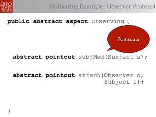Motivating Example: Observer Protocol

public abstract aspect Observing {

                                    Pointcuts

    abstract pointcut subjMod(Subject s);


    abstract pointcut attach(Observer o,
                             Subject s);



}
 