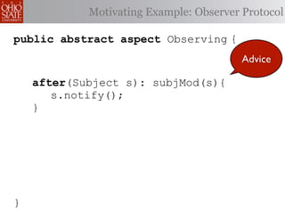 Motivating Example: Observer Protocol

public abstract aspect Observing {
                                         Advice

    after(Subject s): subjMod(s){
       s.notify();
    }




}
 