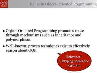 Reuse in Object-Oriented Programming




• Object-Oriented Programming promotes reuse
 through mechanisms such as inheritance and
 polymorphism.
• Well-known, proven techniques exist to effectively
 reason about OOP.
                                      Behavioral
                                 subtyping, separation
                                       logic, etc.
 