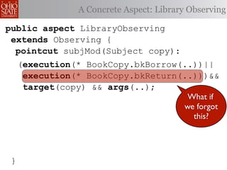 A Concrete Aspect: Library Observing

public aspect LibraryObserving
 extends Observing {
  pointcut subjMod(Subject copy):
     (execution(* BookCopy.bkBorrow(..))||
      execution(* BookCopy.bkReturn(..)))&&
      target(copy) && args(..);
                                          What if
                                         we forgot
                                           this?




 }
 