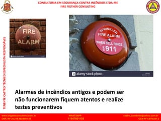 CONSULTORIA EM SEGURANÇA CONTRA INCÊNDIOS LTDA-ME
FIRE FIGTHER CONSULTING
www.brigadaconsultoria.com .br WHATSAPP castro_bombeiro@yahoo.com.br
CNPJ Nº 20.219.492/0001-18 11947601155 CCM Nº 4.979.931-2
TENENTE
CASTRO
TÉCNICO
ESPECIALISTA
RESPONSÁVEL
Alarmes de incêndios antigos e podem ser
não funcionarem fiquem atentos e realize
testes preventivos
 