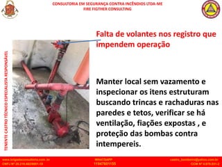 CONSULTORIA EM SEGURANÇA CONTRA INCÊNDIOS LTDA-ME
FIRE FIGTHER CONSULTING
www.brigadaconsultoria.com .br WHATSAPP castro_bombeiro@yahoo.com.br
CNPJ Nº 20.219.492/0001-18 11947601155 CCM Nº 4.979.931-2
TENENTE
CASTRO
TÉCNICO
ESPECIALISTA
RESPONSÁVEL
Falta de volantes nos registro que
impendem operação
Manter local sem vazamento e
inspecionar os itens estruturam
buscando trincas e rachaduras nas
paredes e tetos, verificar se há
ventilação, fiações expostas , e
proteção das bombas contra
intempereis.
 