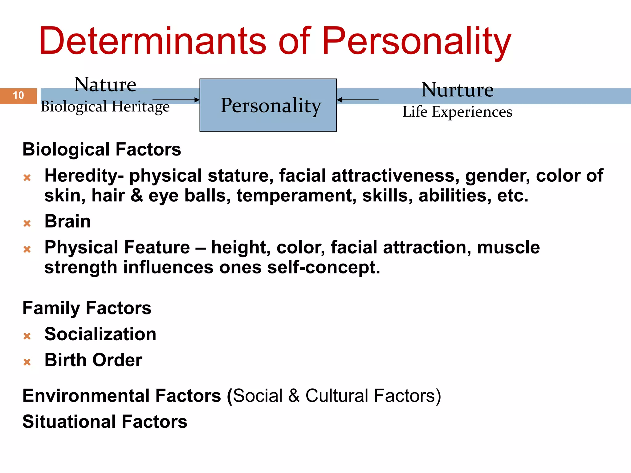 Determinants of Personality
Biological Factors
 Heredity- physical stature, facial attractiveness, gender, color of
skin, hair & eye balls, temperament, skills, abilities, etc.
 Brain
 Physical Feature – height, color, facial attraction, muscle
strength influences ones self-concept.
Family Factors
 Socialization
 Birth Order
Environmental Factors (Social & Cultural Factors)
Situational Factors
10
Personality
Nature
Biological Heritage
Nurture
Life Experiences
 