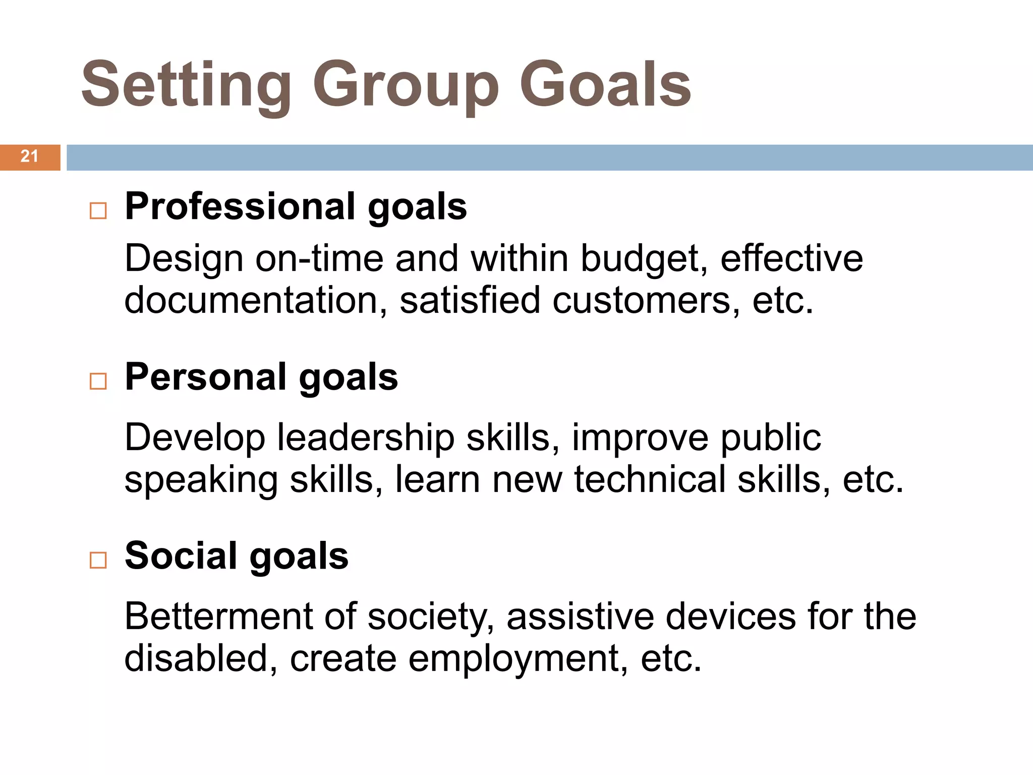 21
Setting Group Goals
 Professional goals
Design on-time and within budget, effective
documentation, satisfied customers, etc.
 Personal goals
Develop leadership skills, improve public
speaking skills, learn new technical skills, etc.
 Social goals
Betterment of society, assistive devices for the
disabled, create employment, etc.
 