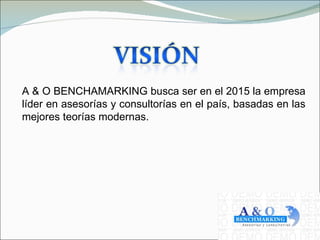 A & O BENCHAMARKING busca ser en el 2015 la empresa
líder en asesorías y consultorías en el país, basadas en las
mejores teorías modernas.
 