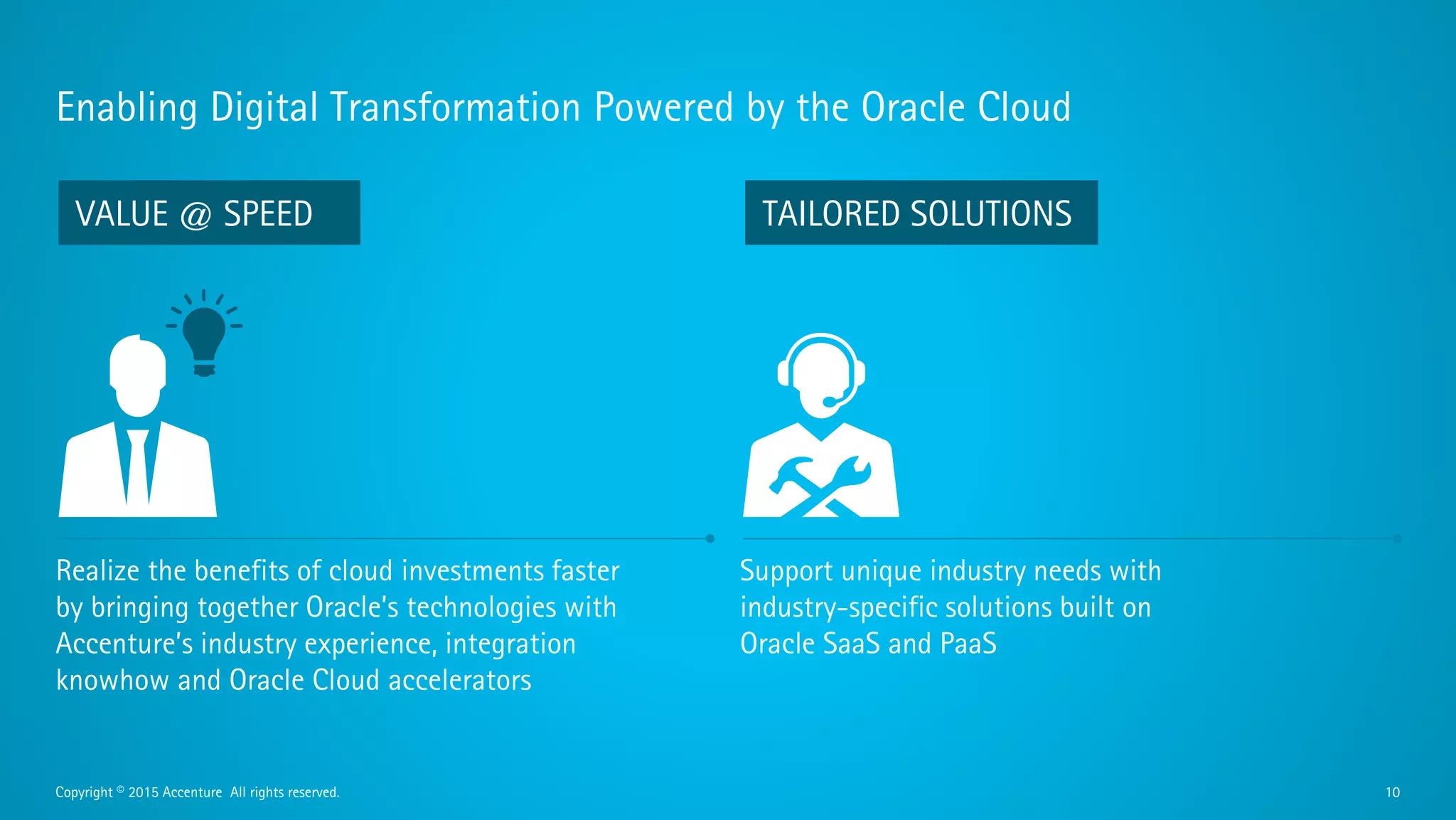 Accenture
Oracle systems integrator
globally 11 years in a row
1st
and only partner to form an Oracle SaaS,
PaaS and IaaS-based business group—the
Accenture Oracle Business Group
Copyright © 2016 Accenture All rights reserved. 10
1st to achieve Diamond Status, now
Global Cloud Elite—highest levels attainable in
the Oracle PartnerNetwork
1
115+
Oracle awards won since 2003
100+
specializations, including 18 advanced
areas with 50 or more certified specialists
400+
companies using the Accenture
Foundation Platform for Oracle
 