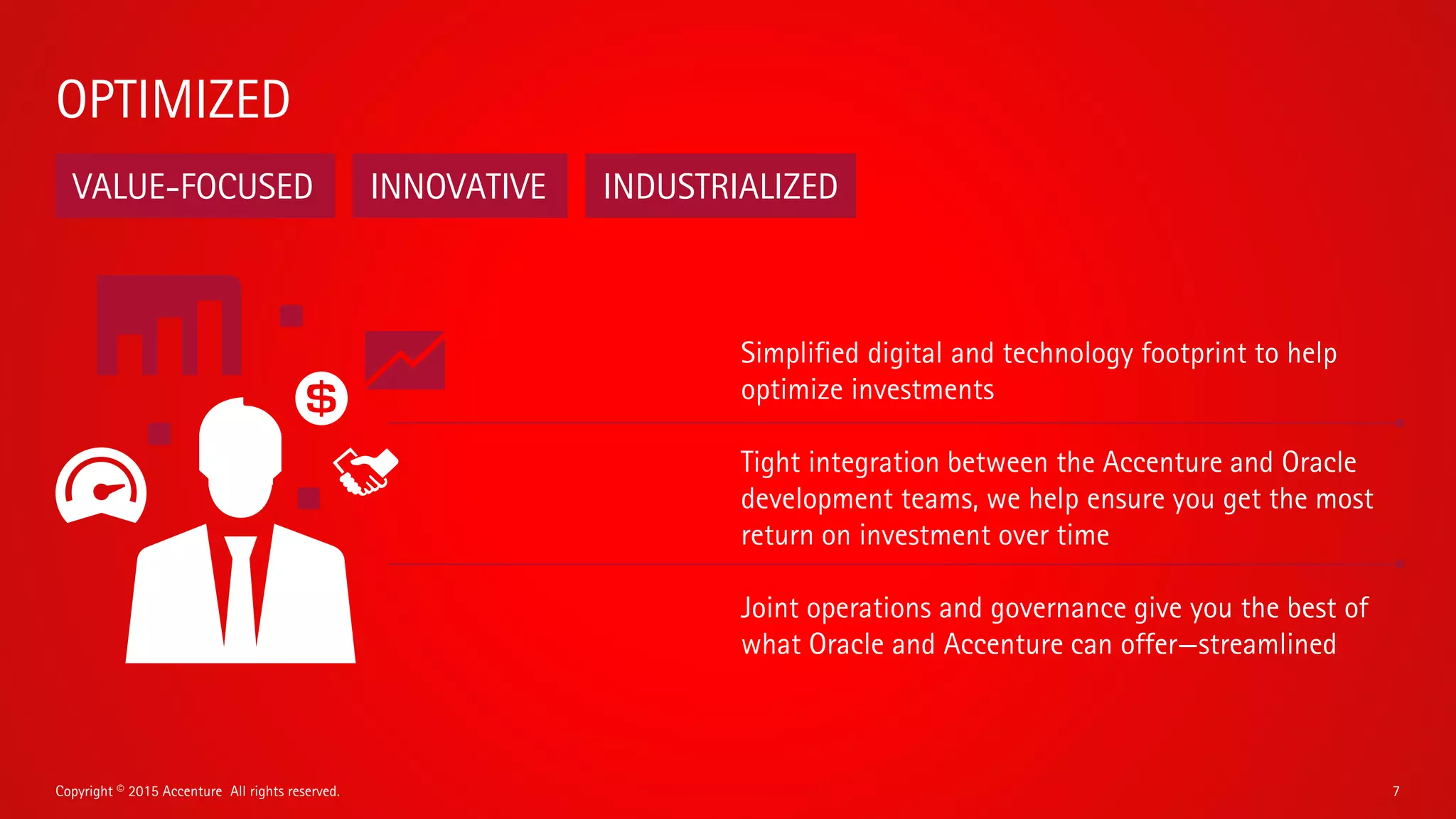 Pre-integrated enterprise-class cloud solutions
simplify and accelerate migration to the cloud
Managed service options allow for faster adoption
and frees you to focus on your core competencies
and innovation
Repeatable vertical solutions and extensions designed
to help reduce the need for customization
AGILE
7Copyright © 2016 Accenture All rights reserved.
ACCELERATED PREDICTABLE SIMPLIFIED
 