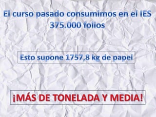 El curso pasado consumimos en el IES375.000 foliosEsto supone 1757,8 kg de papel¡MÁS DE TONELADA Y MEDIA!