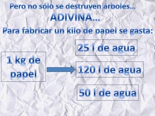Pero no sólo se destruyen árboles…ADIVINA…Para fabricar un kilo de papel se gasta:25 l de agua1 kg de papel120 l de agua50 l de agua