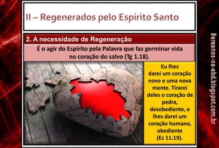2. A necessidade de Regeneração
É o agir do Espírito pela Palavra que faz germinar vida
no coração do salvo (Tg 1.18).
Eu lhes
darei um coração
novo e uma nova
mente. Tirarei
deles o coração de
pedra,
desobediente, e
lhes darei um
coração humano,
obediente
(Ez 11.19).
 