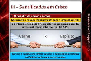 3. O desafio de sermos santos
Nossa meta é sermos continuamente bons e santos (1Jo 1.10),
no entanto, em relação à nossa natureza inclinada ao pecado,
nossa santificação sofre revezes (Rm 7.15).
Carne x Espírito
Por isso é exigido um esforço pessoal e dependência contínua
do Espírito Santo para sermos santos.
 