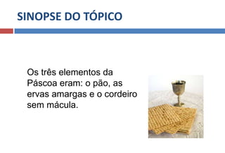 SINOPSE DO TÓPICO
Os três elementos da
Páscoa eram: o pão, as
ervas amargas e o cordeiro
sem mácula.
 