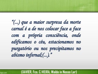 “(...) que a maior surpresa da morte
carnal é a de nos colocar face a face
com a própria consciência, onde
edificamos o céu, estacionamos no
purgatório ou nos precipitamos no
abismo infernal;(...).”
(XAVIER, Fco. C.VIEIRA, Waldo in Nosso Lar)

 
