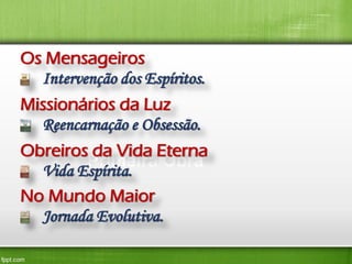Os Mensageiros
Intervenção dos Espíritos.
Missionários da Luz
Reencarnação e Obsessão.
Obreiros da Vida Eterna
Primeira Obra
Vida Espírita.
No Mundo Maior
Jornada Evolutiva.

 