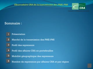 Sommaire :


 1   Présentation

 2   Marché de la transmission des PME-PMI

 3   Profil des repreneurs

 4   Profil des affaires CRA en portefeuilles

 5   Mobilité géographique des repreneurs

 6   Nombre de repreneurs par affaires CRA et par région
 