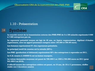 1.10 - Présentation
1.2
        Synthèse
      Le marché ouvert de la transmission externe des PME-PMI de 5 à 100 salariés représente 6 000
      à 7 000 entreprises par an.
      Le repreneur potentiel moyen est âgé de 45 ans, en légère augmentation, diplômé d’études
      supérieures, avec un apport personnel compris entre 150.000 et 300.00 euros.
      Les femmes représentent 6% des repreneurs potentiels.
      Le principal motif de cession est la retraite (66%).
      Les PMI (production et bâtiment) représentent 60% des entreprises à reprendre en 2011.
      Le C.A. moyen (1.640000 €) est en baisse marquée.
      La valeur demandée moyenne est passé de 706.000 € en 1995 à 760.000 euros en 2011 (pour
      947.000 € en 2010).
      L’effectif moyen des entreprises cédées est passé, en 16 ans, de 18 à 11 personnes, chiffre
      stable ces 2 dernières années
 