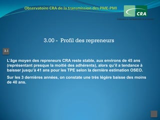 3.00 - Profil des repreneurs
3.1


 L’âge moyen des repreneurs CRA reste stable, aux environs de 45 ans
 (représentant presque la moitié des adhérents), alors qu’il a tendance à
 baisser jusqu’à 41 ans pour les TPE selon la dernière estimation OSEO.
 Sur les 3 dernières années, on constate une très légère baisse des moins
 de 40 ans.
 