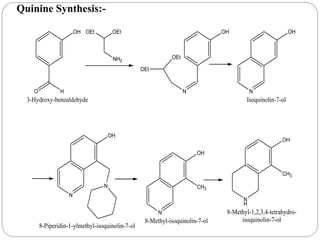 OH
O H
3-Hydroxy-benzaldehyde
OEtOEt
NH2
OH
N
OEt
OEt
N
OH
Isoquinolin-7-ol
N
OH
N
8-Piperidin-1-ylmethyl-isoquinolin-7-ol
N
OH
CH3
N
H
OH
CH3
8-Methyl-1,2,3,4-tetrahydro-
isoquinolin-7-ol8-Methyl-isoquinolin-7-ol
Quinine Synthesis:-
 