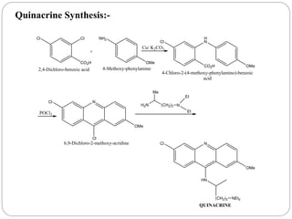 Cl Cl
CO2H
2,4-Dichloro-benzoic acid
+
NH2
OMe
4-Methoxy-phenylamine
Cu/ K2CO3
CO2H
H
NCl
OMe
4-Chloro-2-(4-methoxy-phenylamino)-benzoic
acid
POCl3
NCl
Cl
OMe
6,9-Dichloro-2-methoxy-acridine
H2N (CH2)3
Me
N
Et
Et
NCl
HN
OMe
(CH2)3 NEt2
QUINACRINE
Quinacrine Synthesis:-
 