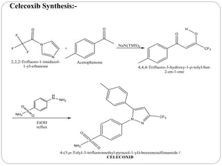 N
N
O
F
F
F
2,2,2-Trifluoro-1-imidazol-
1-yl-ethanone
+
O
Acetophenone
NaN(TMS)2
O O
H
CF3
4,4,4-Trifluoro-3-hydroxy-1-p-tolyl-but-
2-en-1-one
S
NH2
O
O
H
N
NH2
EtOH
reflux
S
NH2
O
O
N
N
CF3
4-(5-p-Tolyl-3-trifluoromethyl-pyrazol-1-yl)-benzenesulfonamide /
CELECOXIB
Celecoxib Synthesis:-
 