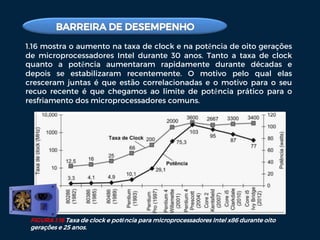 1.16 mostra o aumento na taxa de clock e na potência de oito gerações
de microprocessadores Intel durante 30 anos. Tanto a taxa de clock
quanto a potência aumentaram rapidamente durante décadas e
depois se estabilizaram recentemente. O motivo pelo qual elas
cresceram juntas é que estão correlacionadas e o motivo para o seu
recuo recente é que chegamos ao limite de potência prático para o
resfriamento dos microprocessadores comuns.
FIGURA 1.16 Taxa de clock e potência para microprocessadores Intel x86 durante oito
gerações e 25 anos.
 