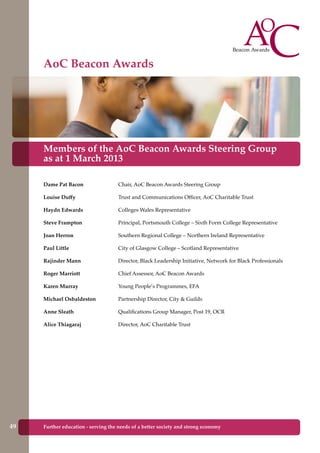 Further education - serving the needs of a better society and strong economy
Members of the AoC Beacon Awards Steering Group
as at 1 March 2013
Dame Pat Bacon	
Louise Duffy	
Haydn Edwards	
Steve Frampton	
Joan Herron	
Paul Little
Rajinder Mann	
Roger Marriott	
Karen Murray	
Michael Osbaldeston	
Anne Sleath	
Alice Thiagaraj
Chair, AoC Beacon Awards Steering Group
Trust and Communications Officer, AoC Charitable Trust
Colleges Wales Representative
Principal, Portsmouth College – Sixth Form College Representative
Southern Regional College – Northern Ireland Representative
City of Glasgow College – Scotland Representative
Director, Black Leadership Initiative, Network for Black Professionals
Chief Assessor, AoC Beacon Awards
Young People’s Programmes, EFA
Partnership Director, City & Guilds
Qualifications Group Manager, Post 19, OCR
Director, AoC Charitable Trust
AoC Beacon Awards
49
 