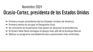 Noviembre 2024
Ocasio-Cortez, presidenta de los Estados Unidos
➔ Primera mujer presidenta de los Estados Unidos de América...
