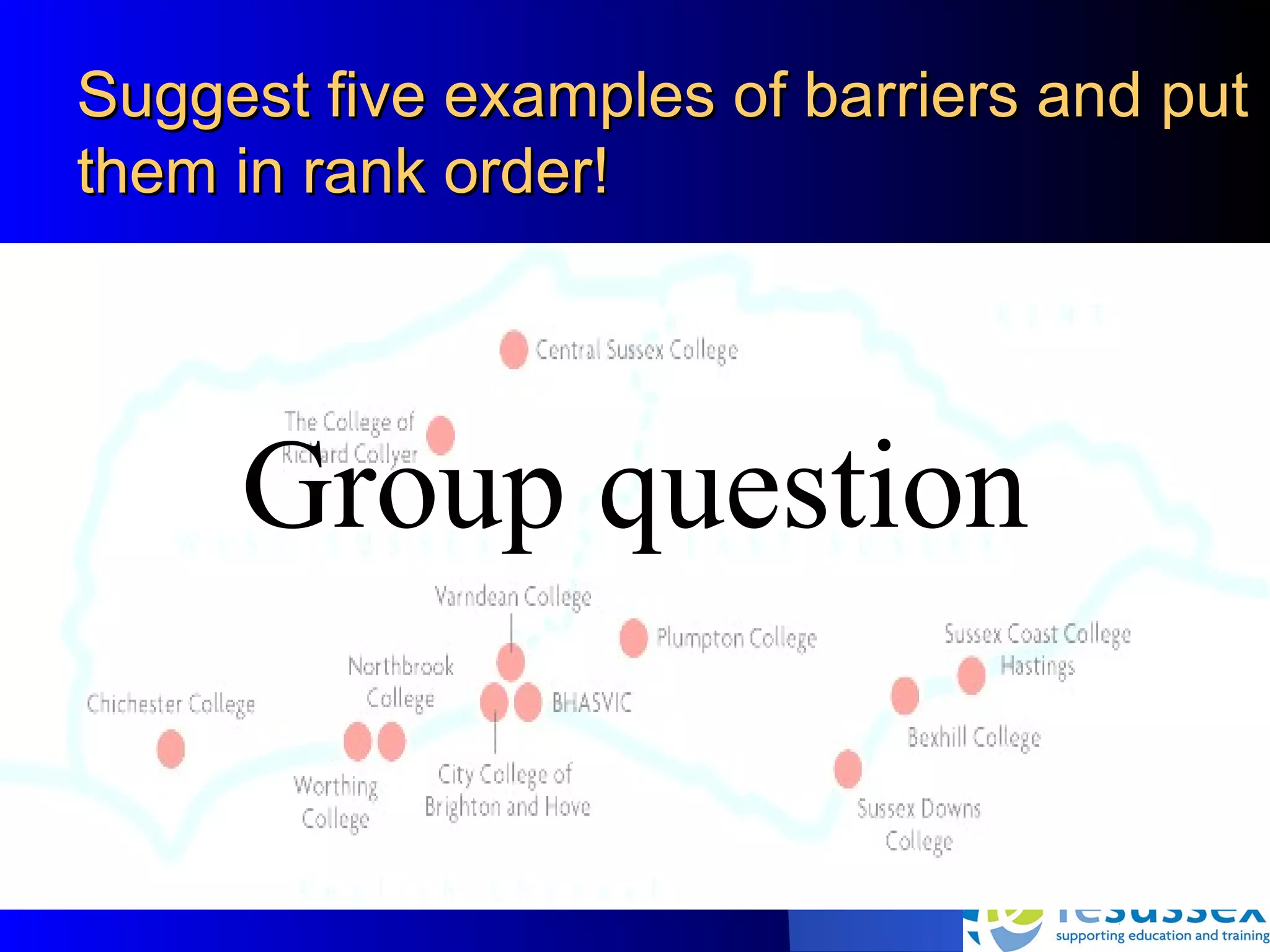 Suggest five examples of barriers and put
them in rank order!




     Group question
 