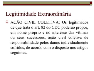 Legitimidade Extraordinária
   AÇÃO CIVIL COLETIVA: Os legitimados
    de que trata o art. 82 do CDC poderão propor,
    em nome próprio e no interesse das vítimas
    ou seus sucessores, ação civil coletiva de
    responsabilidade pelos danos individualmente
    sofridos, de acordo com o disposto nos artigos
    seguintes.
 