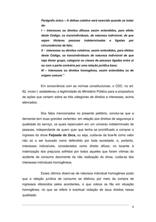 Parágrafo único – A defesa coletiva será exercida quando se tratar
             de:
             I – interesses ou direitos difusos assim entendidos, para efeito
             deste Código, os transindividuais, de natureza indivisível, de que
             sejam    titulares   pessoas    indeterminadas    e    ligadas   por
             circunstâncias de fato;
             II - interesses ou direitos coletivos, assim entendidos, para efeitos
             deste Código, os transindividuais de natureza indivisível de que
             seja titular grupo, categoria ou classe de pessoas ligadas entre si
             ou com a parte contrária por uma relação jurídica base;
             III – interesses ou direitos homogênos, assim entendidos os de
             origem comum.”


             Em consonância com as normas constitucionais, o CDC, no art.
82, inciso I, estabeleceu a legitimidade do Ministério Público para a propositura
de ações que versem sobre as três categorias de direitos e interesses, acima
elencados.


             Dos fatos mencionados no presente petitório, conclui-se que a
demanda tem duas grandes vertentes: em relação aos direitos de segurança e
qualidade do serviço, os quais repercutem em um universo indeterminado de
pessoas, independente de quem quer que tenha se prontificado a comprar o
ingresso do show Feijoada do Zeca, ou seja, cuida-se da boa-fé como valor
não só a ser buscado como defendido por toda sociedade, e, portanto,
interesses indivisíveis, considerados como direito difuso; no tocante à
indenização dos prejuízos sofridos por todos aqueles que foram vítimas do
acidente de consumo decorrente da não realização do show, cuida-se dos
interesses individuais homogêneos.


             Esses últimos dizem-se de natureza individual homogênea posto
que a relação jurídica de consumo se efetivou por meio da compra de
ingressos oferecidos pelos acordantes, o que coloca os fãs em situação
homogênea, no que se refere à eventual violação de seus direitos nessa
qualidade.


                                                                                 8
 