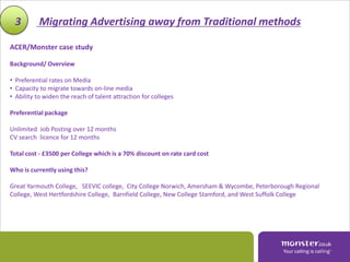 3         Migrating Advertising away from Traditional methods

ACER/Monster case study

Background/ Overview

• Preferential rates on Media
• Capacity to migrate towards on-line media
• Ability to widen the reach of talent attraction for colleges

Preferential package

Unlimited Job Posting over 12 months
CV search licence for 12 months

Total cost - £3500 per College which is a 70% discount on rate card cost

Who is currently using this?

Great Yarmouth College, SEEVIC college, City College Norwich, Amersham & Wycombe, Peterborough Regional
College, West Hertfordshire College, Barnfield College, New College Stamford, and West Suffolk College
 