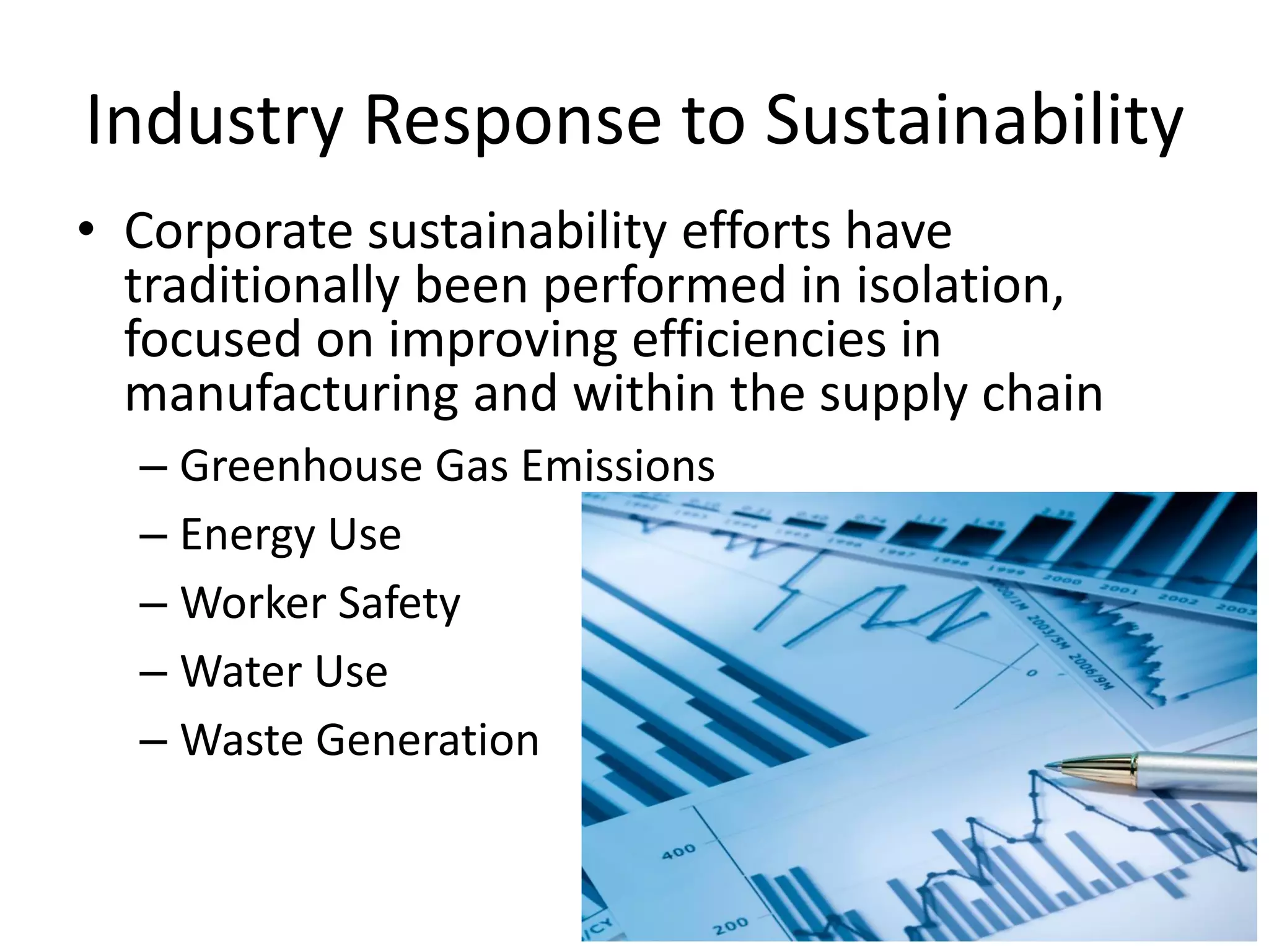 Industry Response to Sustainability 
•Corporate sustainability efforts have traditionally been performed in isolation, focused on improving efficiencies in manufacturing and within the supply chain 
–Greenhouse Gas Emissions 
–Energy Use 
–Worker Safety 
–Water Use 
–Waste Generation  