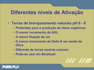 Diferentes níveis de Ativação 
• Terras de branqueamento naturais pH 6 - 8 
– Preferidas para a produção de óleos orgânicos 
– O menor incremento de AGL 
– A menor fixação de cor 
– O menor incremento de Delta K em azeite de 
Oliva 
– Diferente de terras neutras comuns 
– Pode-se usar em Biodiesel 
 