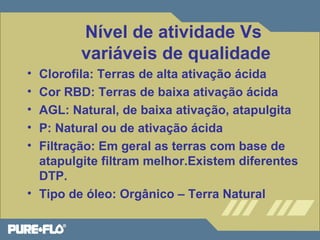 Nível de atividade Vs 
variáveis de qualidade 
• Clorofila: Terras de alta ativação ácida 
• Cor RBD: Terras de baixa ativação ácida 
• AGL: Natural, de baixa ativação, atapulgita 
• P: Natural ou de ativação ácida 
• Filtração: Em geral as terras com base de 
atapulgite filtram melhor.Existem diferentes 
DTP. 
• Tipo de óleo: Orgânico – Terra Natural 
 