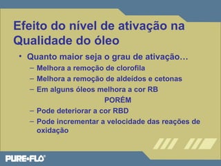 Efeito do nível de ativação na 
Qualidade do óleo 
• Quanto maior seja o grau de ativação… 
– Melhora a remoção de clorofila 
– Melhora a remoção de aldeídos e cetonas 
– Em alguns óleos melhora a cor RB 
PORÉM 
– Pode deteriorar a cor RBD 
– Pode incrementar a velocidade das reações de 
oxidação 
 