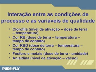 Interação entre as condições de 
processo e as variáveis de qualidade 
• Clorofila (nível de ativação – dose de terra 
– temperatura) 
• Cor RB (dose de terra – temperatura – 
tempo de contato) 
• Cor RBD (dose de terra – temperatura – 
tempo de contato) 
• Fósforo e metais (dose de terra - umidade) 
• Anisidina (nível de ativação – vácuo) 
 
