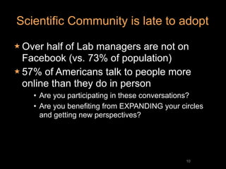 Scientific Community is late to adopt

 Over  half of Lab managers are not on
  Facebook (vs. 73% of population)
 57% of Americans talk to people more
  online than they do in person
    • Are you participating in these conversations?
    • Are you benefiting from EXPANDING your circles
      and getting new perspectives?




                                               10
 