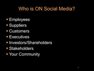 Who is ON Social Media?

 Employees
 Suppliers
 Customers
 Executives
 Investors/Shareholders
 Stakeholders
 Your   Community

                                   11
 