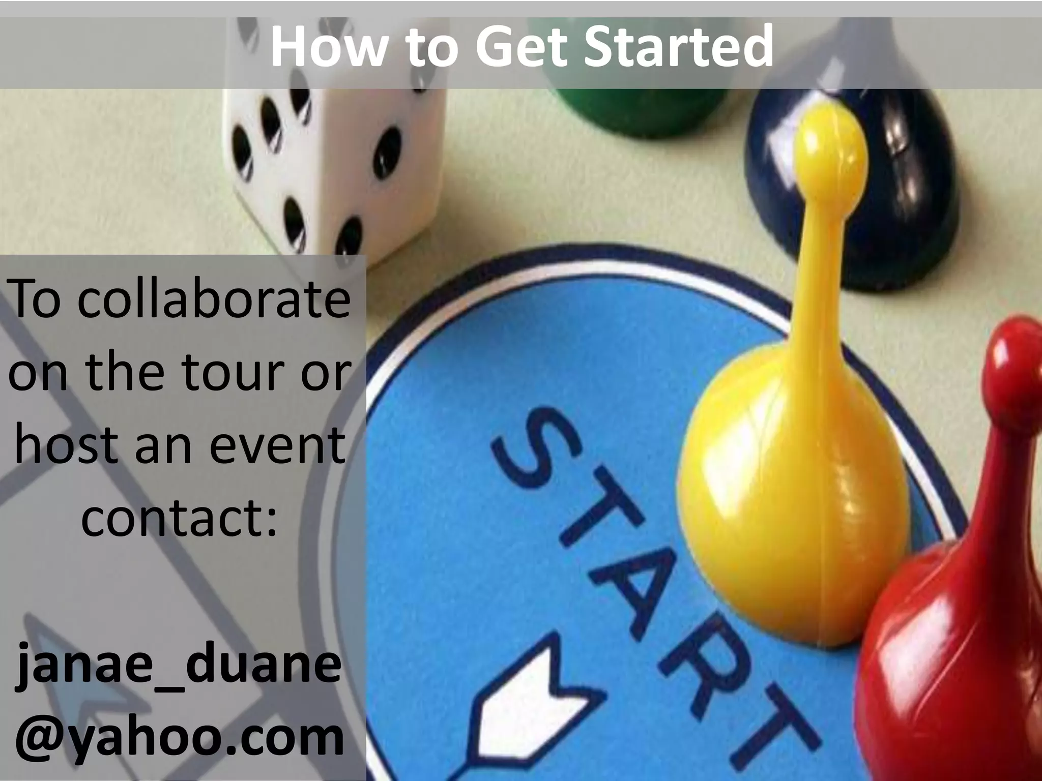 Our Goals
1. To Highlight Local Game Changers through Events and
   Art Produced on the Tour; and Two Upcoming Books,
   and Album

2. To Create a Space for Inspiration and Communication

3. To Increase Awareness Around the Future of Work and
Creative Collaboration

4. To Create a Catalyst for Communal Participation

5. To Inspire Others to Be the Change They Wish to See
 