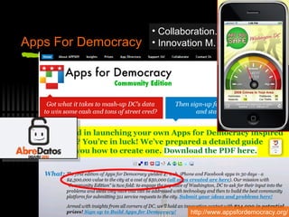 Apps For Democracy http://www.appsfordemocracy.org/ Collaboration. Innovation M. 