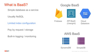 ©2016 Apigee Corp. All Rights Reserved.
Simple database as a service
Usually NoSQL
Limited index configuration
Pay by request / storage
Built-in logging / monitoring
API BaaS
(Usergrid)
Firebase
DynamoDB
Cloud
Datastore
SimpleDB
Google BaaS
AWS BaaS
What is BaaS?
 
