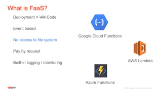 ©2016 Apigee Corp. All Rights Reserved.
Deployment = VM Code
Event based
No access to file system
Pay by request
Built-in logging / monitoring
Google Cloud Functions
AWS Lambda
Azure Functions
What is FaaS?
 