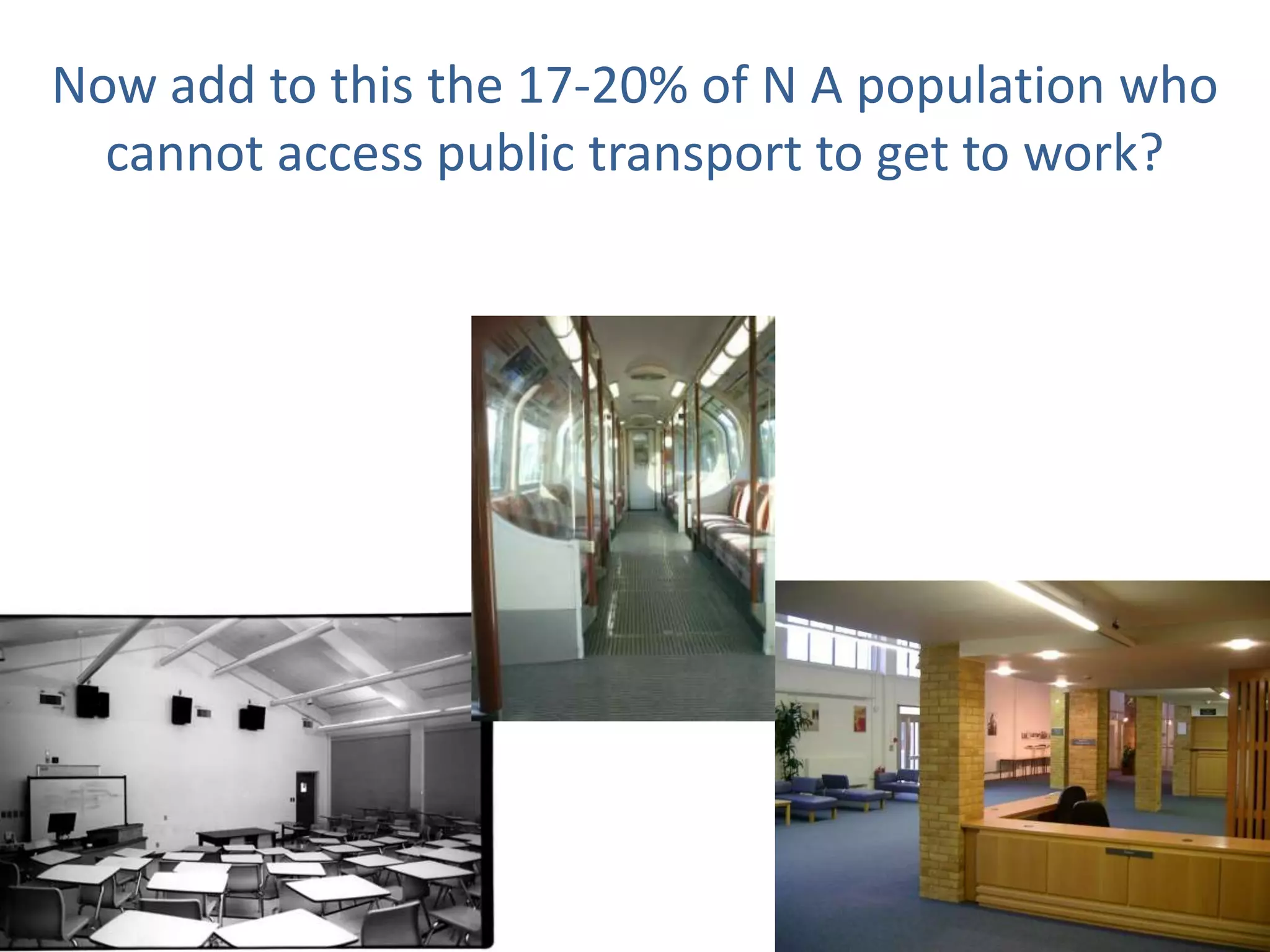 Now add to this the 17-20% of N A population who
cannot access public transport to get to work?

 